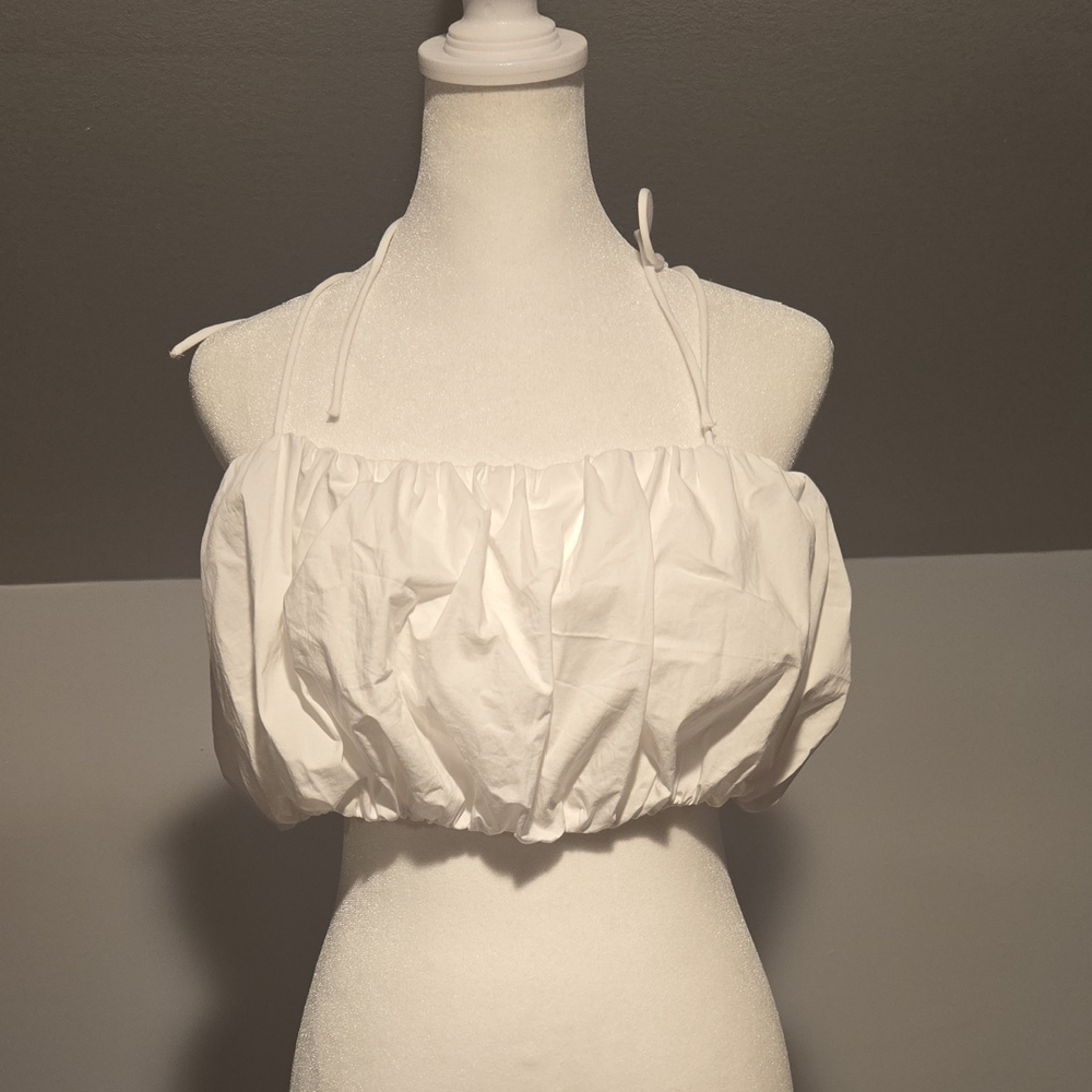 Express White Bubble Ruched Crop Top